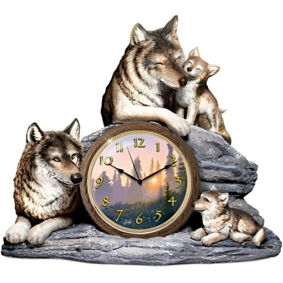 The Bradford Exchange Al Agnew "Bonds Of Love" with Fully Sculpted Wolves Clock 6.75-inches