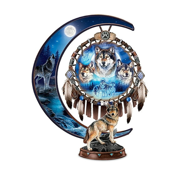 The Bradford Exchange Al Agnew Dreams Of The Spirit Wolf Art Glow-In-The-Dark Crescent Moon Sculpture Dreamcatcher 9-inches