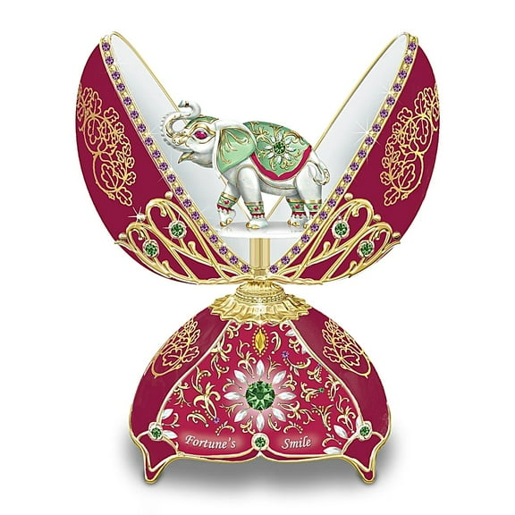 The Bradford Exchange Fortune's Smile Elephant Peter Carl Faberg-Style Heirloom Porcelain Musical Egg Plays "Beautiful Dreamer" 6.5-inches