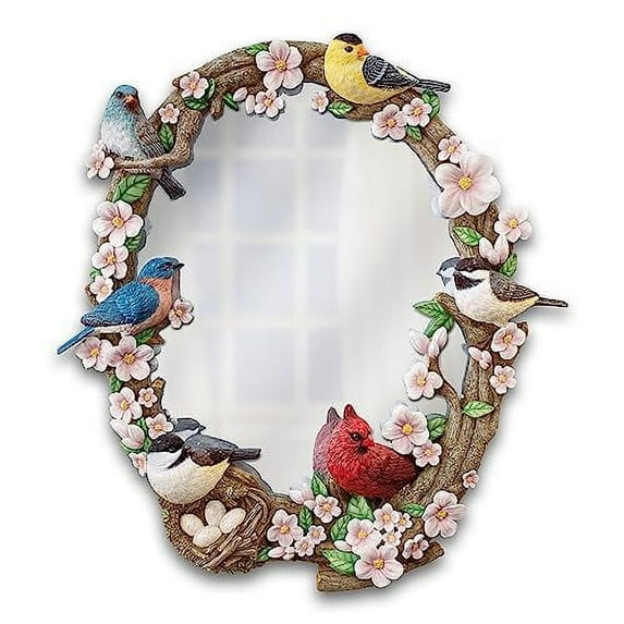 The Bradford Exchange Garden Reflections Oval Wall Mirror Hand-Painted Shatterproof Glass Display Wall-Decor Featuring Sculpted Songbirds Perched On The Frame 20-Inches