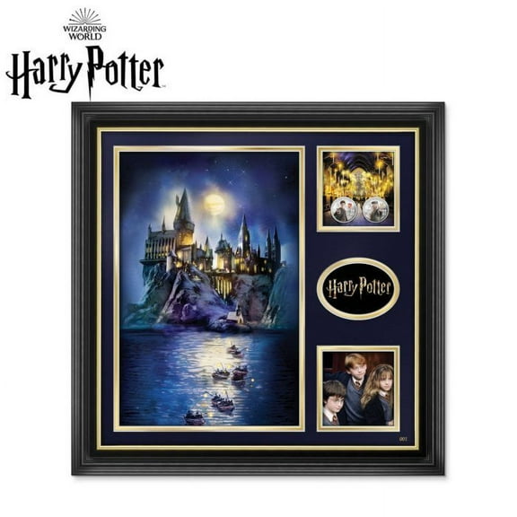 The Bradford Exchange Harry Potter and The Philosopher's Stone Framed Print of Hogwarts and The Black Lake with The Great Hall inset Two Silver Plated Harry Potter and Professor Dumbledore Coins 19.6"