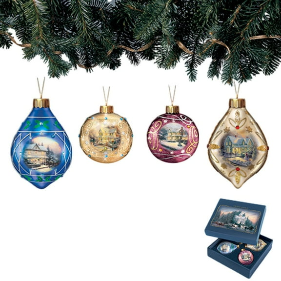 The Bradford Exchange Light Up the Season Luminary Glass Ornament Issue #2 Set of 4 Christmas Decoration by Thomas Kinkade