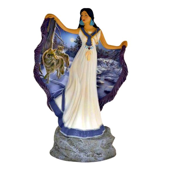 The Bradford Exchange Maidens of the Light Sculpture Collection #4: 'Winter Grace' Illuminated Sculpture Hand-Painted Indigenous-Inspired Figurine with Wolf Art by James Meger 8-inches