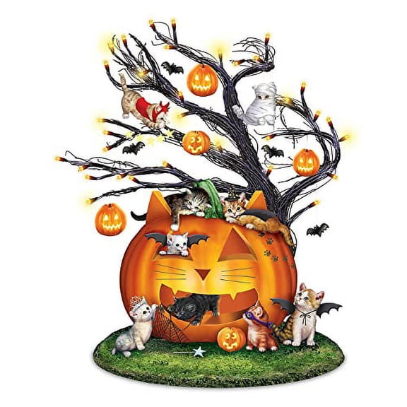 The Bradford Exchange Purr-fectly Mischievous Halloween Illuminated Tabletop Tree Featuring Hand-Painted Sculpted Cats Each with A Unique Costume 13"-Inches