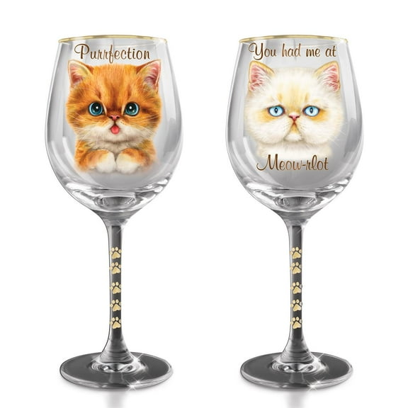 The Bradford Exchange Purrfection & You Had Me at Meow-rlot from The Sassy Cat Wine Glass Collection Set of 2 Featuring Feline Artistry by Kaomi Harai 9-inches