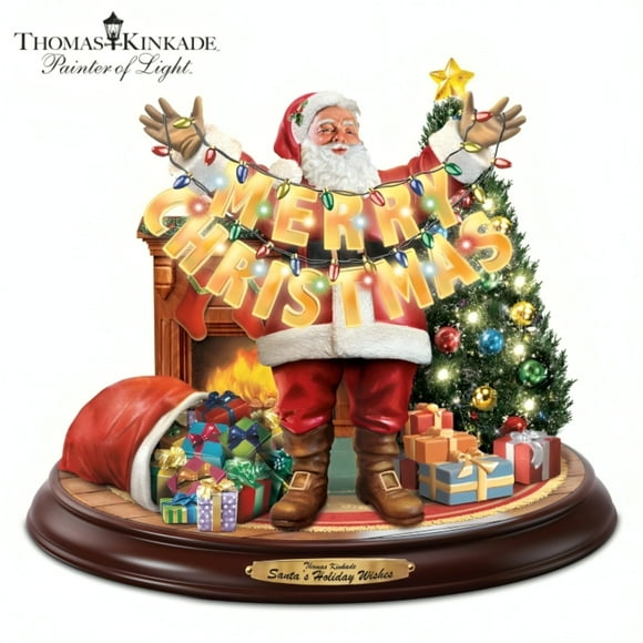 The Bradford Exchange Santas Holiday Wishes Sculpture Hand-Painted Hand-Cast Resin Figurine Christmas Decoration Illuminated by T-Kinkade 10-inches