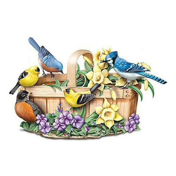 The Bradford Exchange Springtime Serenade Nature's Songbook Touch Activated Handcrafted Singing Bird Goldfinches Bluebird Blue Jay Robin Basket Flower Sculpture 8"-Inches