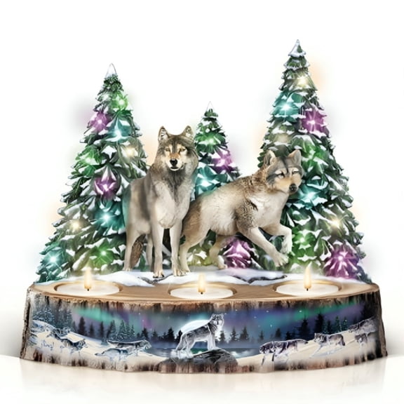 The Bradford Exchange The Guardians of the Night Votive Wolves Centerpiece Handcrafted & Hand-painted Decorative Illuminated Sculpture 8-inches