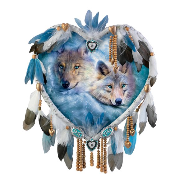 The Bradford Exchange True Hearts Dreamcatcher Collection Issue #3: 'Awakening Dreams' Wolf Artwork Heart-Shaped Resin Frame with Real Leather Feathers and Beads by Carol Cavalaris 9.5-Inches