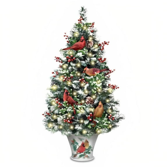 The Bradford Exchange Winter's Beautiful Blessings Illuminated Tabletop Christmas Tree with Joseph Hautman Wildlife Artwork Vase and 4 Handcrafted Cardinal Sculptures Convenient 5hr Timer 24"-Inches