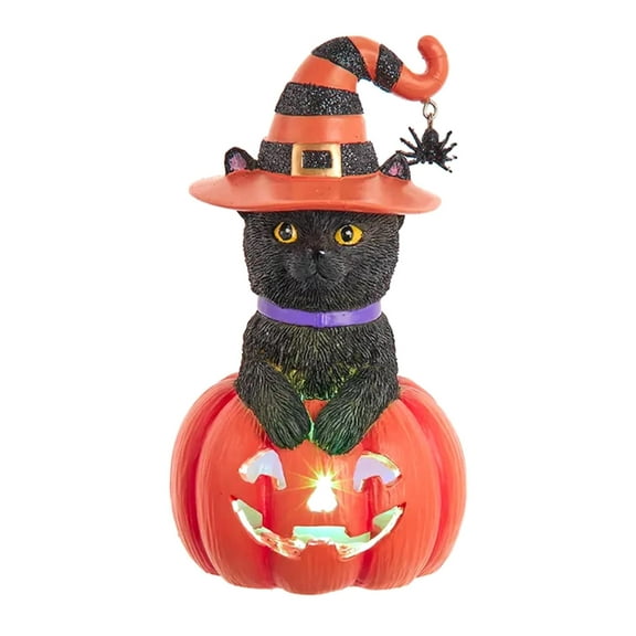 The Bridge Collection Black Cat with Pumpkin Light Up Figurine - 5.25" Halloween Decor for Spooky Season - Black Cat Decor