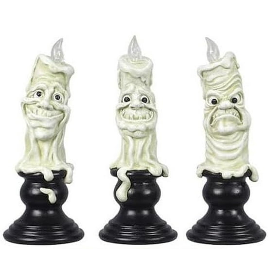 The Bridge Collection Spooky Light Up Melting Candle Figurines - Set of 3 Haunted Halloween Decorations - 6.5" Resin Candles with Faces