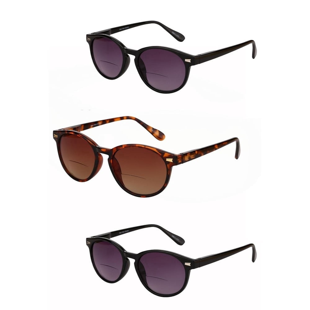 3 Pair of "The Brilliance" Bifocal Sunglasses - Round, Full Frame Reading Sunglasses - Black/Tortoise - 2.75