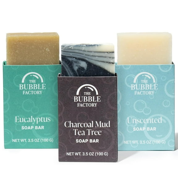 The Bubble Factory Fresh & Clean Collection 3 Pack Soap Eucalyptus, Unscented, Charcoal Mud Tea Tree
