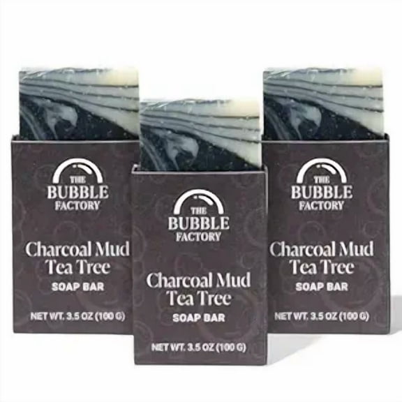 The Bubble Factory Handmade Cold-Process Natural Vegan Bar Soap, Charcoal Mud Tea Tree, 3 Pack