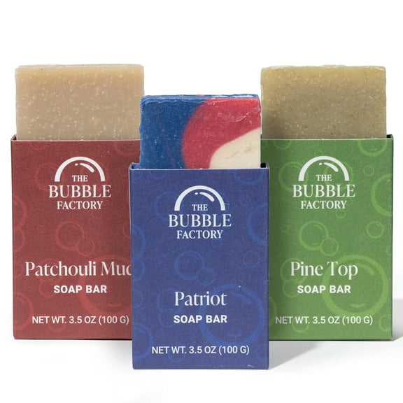 The Bubble Factory Rugged Collection 3 Pack Handmade Bar Soap Patriot, Patchouli Mud, Pine Top