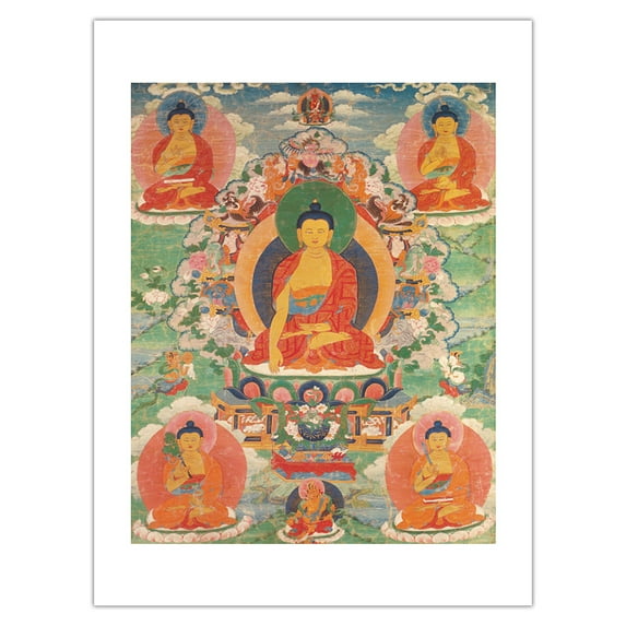 The Buddhas of Purification - Vintage Tibetan Thangka Buddhist Painting - Tibet, 13th Century - Bamboo Fine Art 290gsm Paper (Unframed) 12x16in