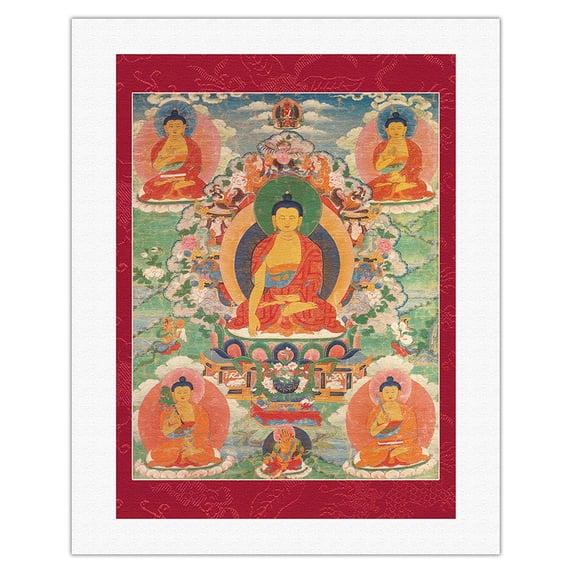 The Buddhas of Purification - Vintage Tibetan Thangka Buddhist Painting - Tibet, 13th Century - Fine Art Rolled Canvas Print 20in x 26in