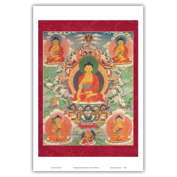 The Buddhas of Purification - Vintage Tibetan Thangka Buddhist Painting - Tibet, 13th Century - Master Art Print (Unframed) 12in x 18in
