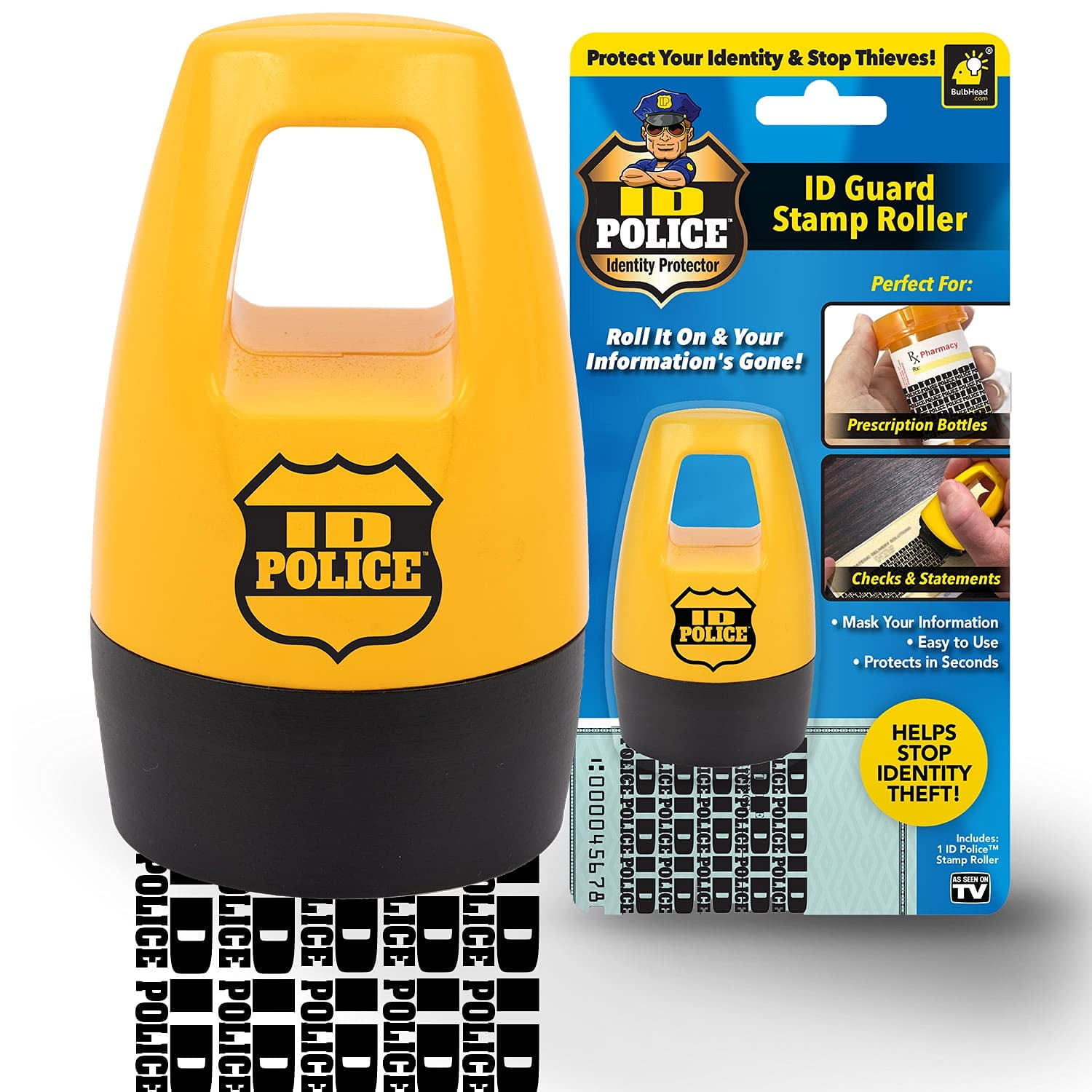 The Bulbhead Identity Theft Roller Stamp Stops ID Theft, Fast, Easy