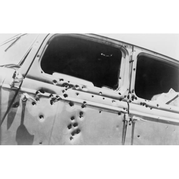 The Bullet Riddled Car In Which Bank Robbers Bonnie And Clyde Died At The Hands Of Texas Rangers And Louisana Police At Gibsland History (24 x 18)