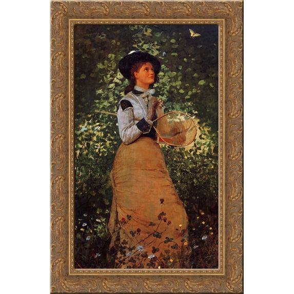 The Butterfly Girl 18x24 Gold Ornate Wood Framed Canvas Art by Homer, Winslow