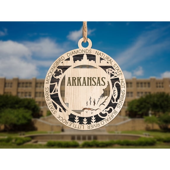 The Cabin Woodworker - Baltic Birch Wood - Arkansas State Ornament - Holo Cut Backing