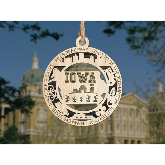 The Cabin Woodworker - Baltic Birch Wood - Iowa State Ornament - Holo Cut Backing