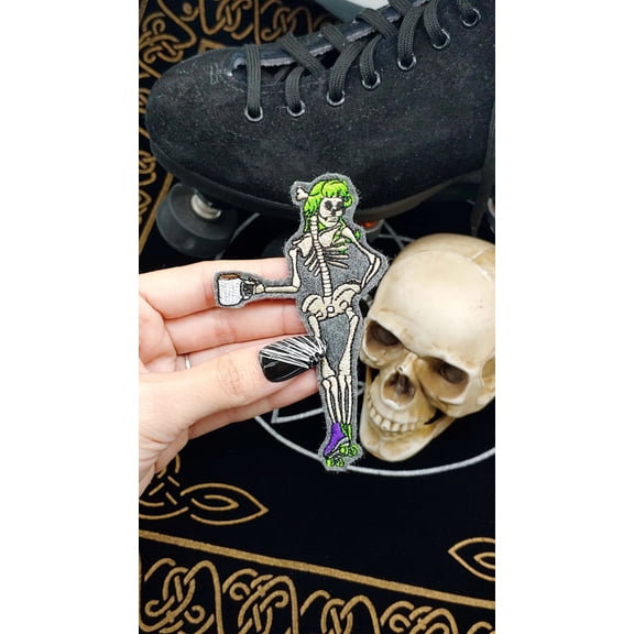 The Caffeinated Skeleton Skater Embroidered Iron On Patch