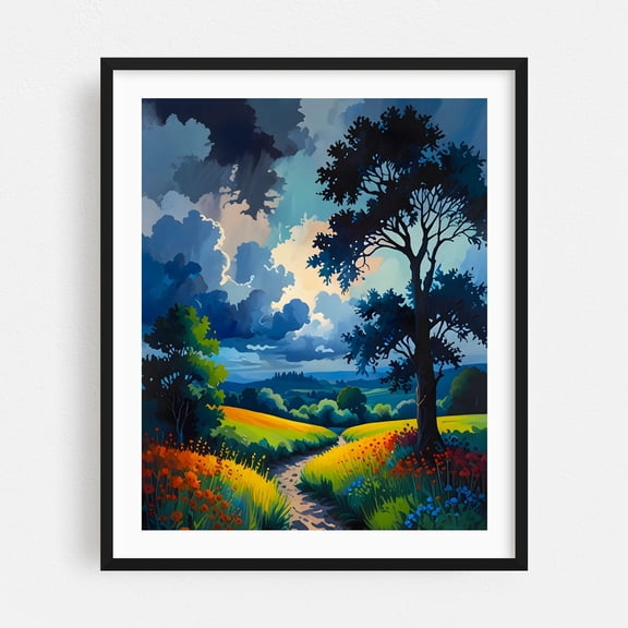 The Calm Before the Storm - India Illustration Landscape Nature Scenic Floral Summer Pastoral Countryside Black Framed Wall Art Print 12 x 16 inches