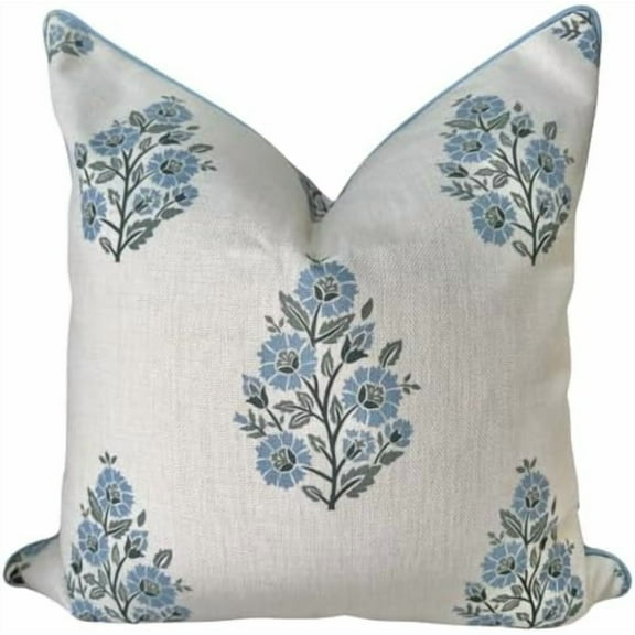 “The Camille” Floral Block Print Pillow Cover – Soft Blue and Off-White Decorative Throw Pillow Cover – Grandmillennial Home Decor, 20" x 20"