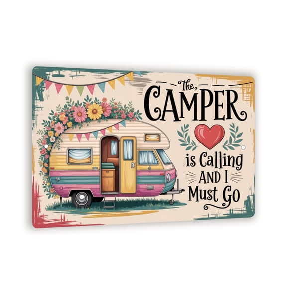 The Camper Is Calling And I Must Go Sign - Vintage Boho RV Wall Art, Floral Retro Trailer Metal Camping Decor 8x12