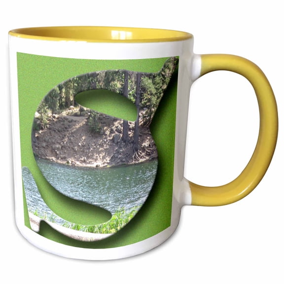 3drose, the Capital Letter S Cut Out of the Reservoir in Pine Valley, 11oz Two-tone Yellow Mug