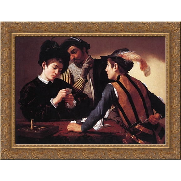 The Cardsharps 24x20 Gold Ornate Wood Framed Canvas Art by Caravaggio
