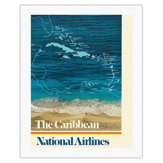 The Caribbean - National Airlines - Vintage Travel Poster c.1970s - Fine Art Rolled Canvas Print 20in x 26in