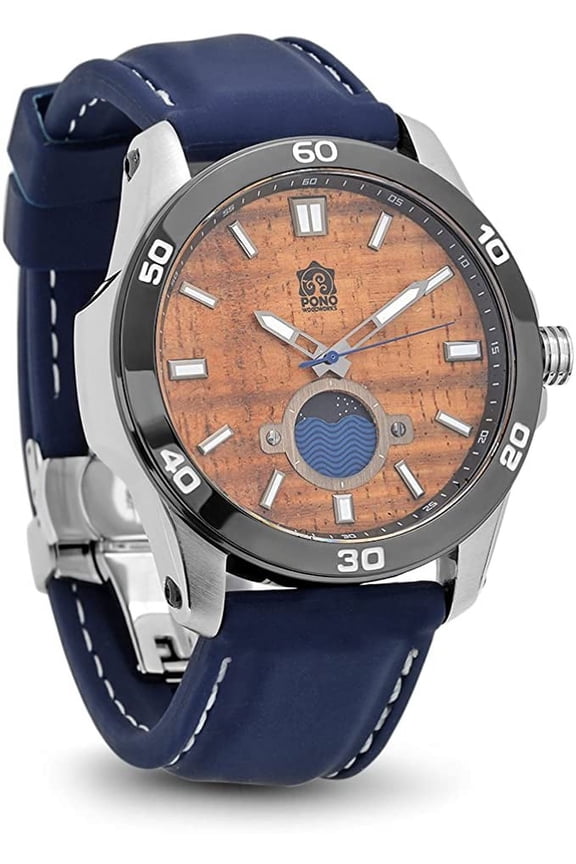 "The Castaway" Hawaiian Koa Wood Watch (47 mm Diameter, Chrome and Blue Silicone Band)