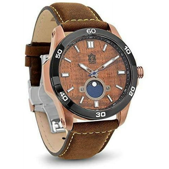 ''The Castaway'' Hawaiian Koa Wood Watch (47 mm Diameter, Copper and Leather Band)