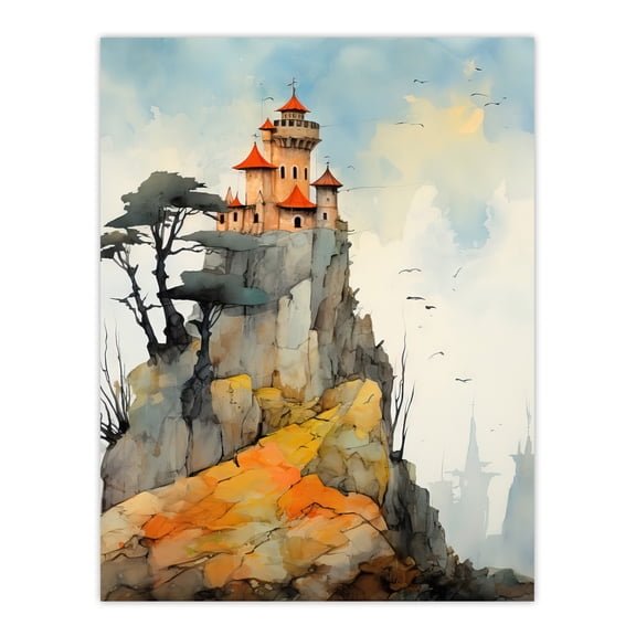 The Castle In The Cliffs Transylvania Watercolour Extra Large XL Wall Art Poster Print