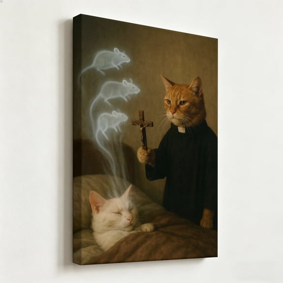 "The Cat Exorcist" Funny Renaissance Canvas Art, Whimsical Priest Cat Wall Decor, Matte Finish Gallery Wrapped Ghost Mouse Painting Print 8*12
