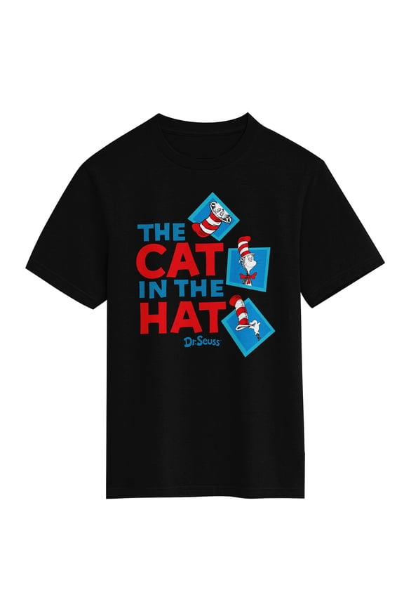 The Cat In The Hat Mischievous Cat Peeking Youth Black Crew Neck Short Sleeve T-shirt-Large