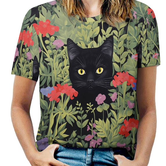 The Cat Is Hiding Women's Short Sleeve Tops Casual Blouses T Shirt