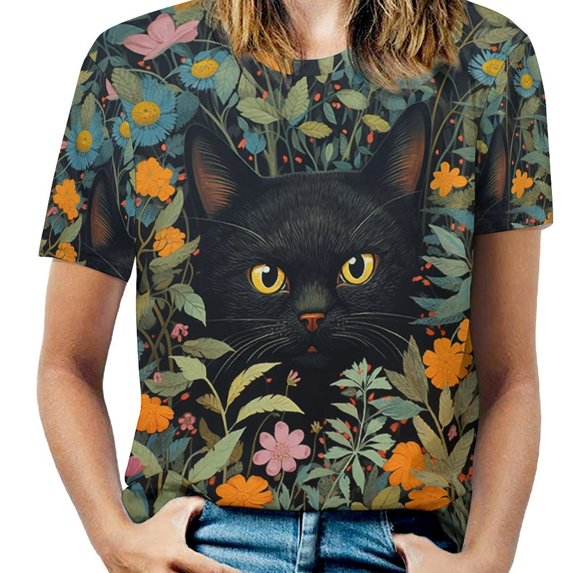The Cat Is Hiding Women's Short Sleeve Tops Casual Blouses T Shirt