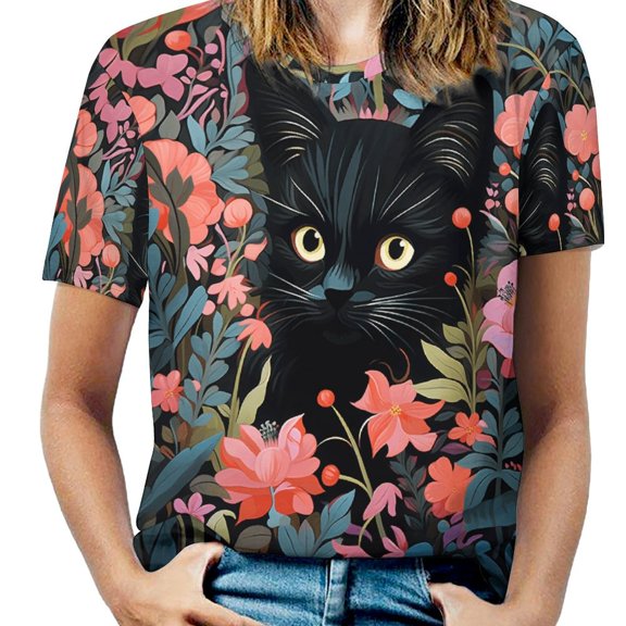 The Cat Is Hiding Womens Tops Women's Fashion Casual Short Sleeve Flower Print Round Neck Pullover Top Blouse