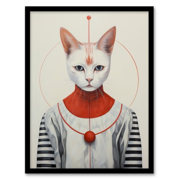 The Cat King Feline Ruler Surreal Portrait White Red Conceptual Oil Painting Artwork Framed Wall Art Print A4
