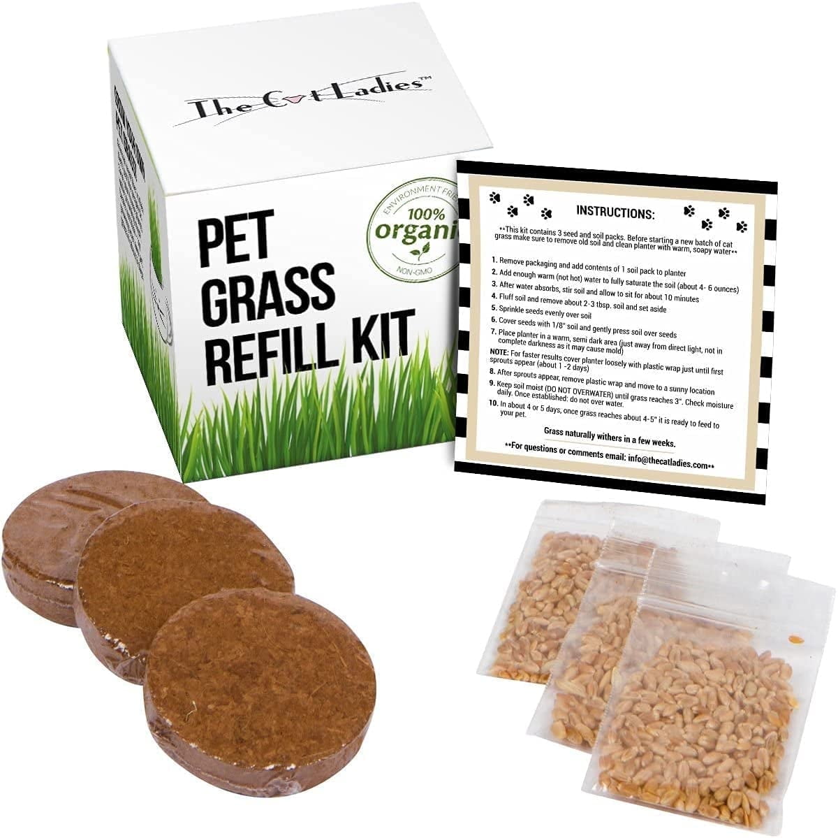 The Cat Ladies Cat Grass Refill Kit 3 Count, 100% Organic Non-GMO Seeds, Fresh and Natural Cat Grass for Indoor Cats