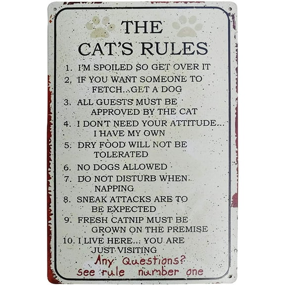 The Cat Rules Vintage Metal Tin Sign Wall Art Pub Bar Gifts for Cat Lovers Pet Size 8X12Inch