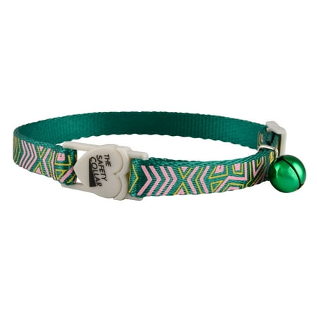Jeffers Pet Cat Collar with Bell – Reflective Breakaway Plastic Safety Collar for Kittens & Adult Cats, Adjustable Single Ply Nylon, High Visibility Indoor & Outdoor Use– Geometric Pattern, Green