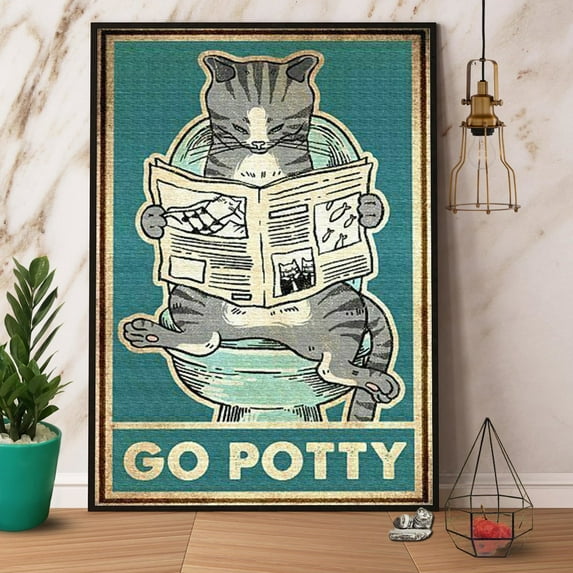 The Cat Sits On The Toilet And Reading A Newspaper Go Potty Paper Poster No Frame Matte Wall Art Decor 24 x 36 Inch Poster
