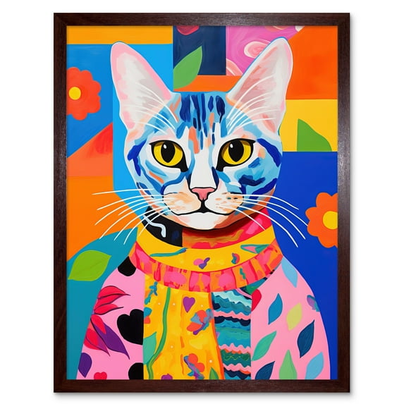 The Cat in the Caftan Artwork Bold Bright Vibrant Modern Folk Art Acrylic Painting Kids Floral Pattern Art Print Framed Poster Wall Decor 12x16 inch