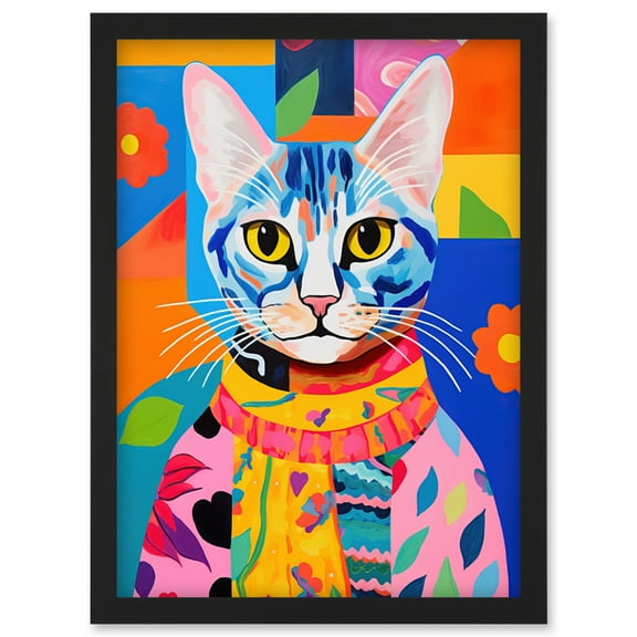 The Cat in the Caftan Artwork Bold Bright Vibrant Modern Folk Art Acrylic Painting Kids Floral Pattern Artwork Framed Wall Art Print A4